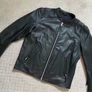 First riding. Gear Men's Black Leather motorcycle Jacket. Silver zippers.  New!